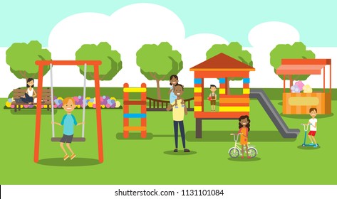 city park relaxing people children playground green lawn mix race people trees landscape background horizontal flat vector illustration