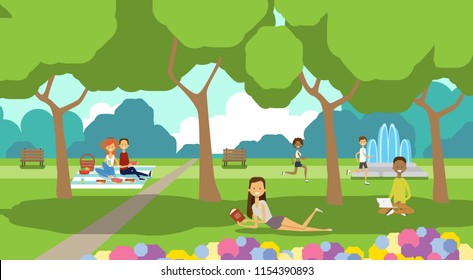 city park relaxing people sitting green lawn using laptop picnic man woman trees landscape background horizontal flat vector illustration