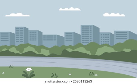 City park river. River illustration. Lake. Spring season. Skyscraper building. Suburb. Bushes. Summer vibes. Simple illustration.