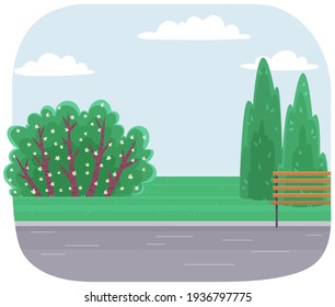 City park with road, wooden bench, green bushes and trees flat illustration in summer landscape