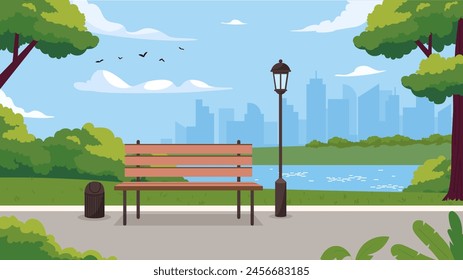 City park scene concept. Wooden bench near light pillar and trashan. Spring or summer day with lake. Urban scene. Beautiful natural panorama and landscape. Cartoon flat vector illustration