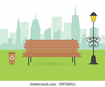 City park scene. Wooden bench with urn and lantern. City silhouette with skyscrapers on background. Vector