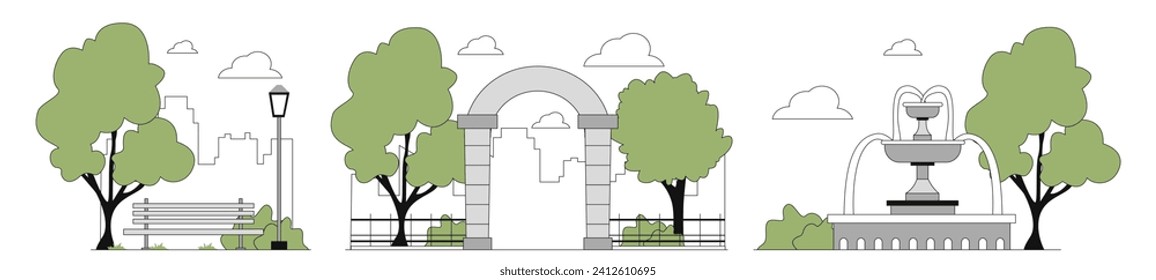 City park set linear. Trees with fence and arch. Wooden bench and fountain. Urban elements for public places. Beauty architecture. Doodle flat vector collection isolated on white background