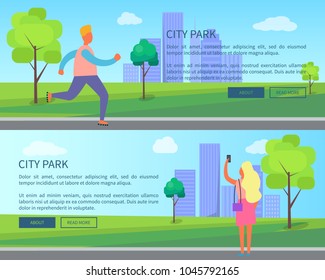 City park set of posters with text depicting male and female. Vector illustration of teenage boy inline skating and slim blonde woman taking selfie