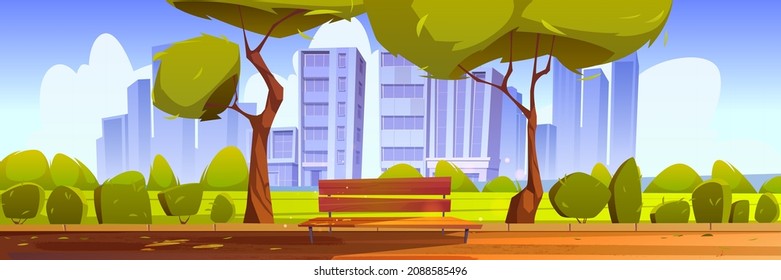 City Park Or Sidewalk With Bench And Green Trees On Cityscape Summer Background. Scenery Landscape, Empty Public Place For Walking And Recreation, Urban Garden With Pathway Cartoon Vector Illustration