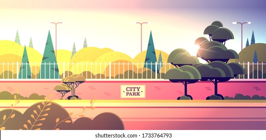 city park sign board on fence beautiful summer day sunset landscape background horizontal vector illustration