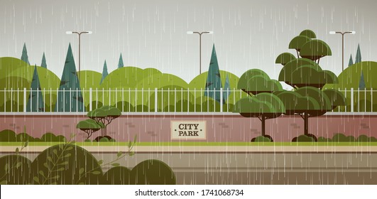 city park sign board on fence rain drops falling rainy summer day landscape background horizontal vector illustration