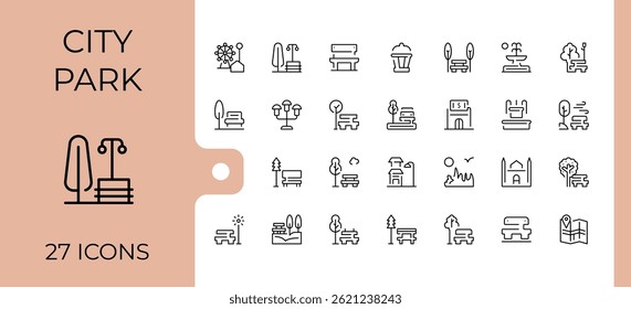 City Park einfaches Icon-Set. Minimalistische lineare Symbole. Enthält Symbole für Park, Infrastruktur, Haus, Spielplatz, Stadt. Bearbeitbarer Vektor. Infrastruktur-Symbolsatz.