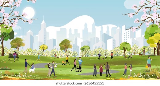 City Park Spring Background With Nature Landscape, Flat Green Grass, Flower Illustration And Vector Design, Woman, People And Family Under Blue Sky For Outdoor Recreation And Seasonal Banner.