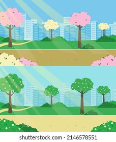 City park spring panorama blooming trees. Flat vector illustration.