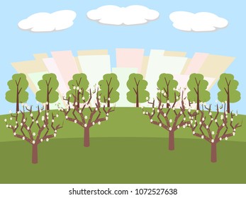 city park at spring time landscape, vector cartoon illustration in flat style
