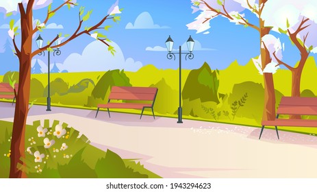 City park at springtime, landing page in flat cartoon style. Public garden place, blooming trees, benches, road for walking, flowers and bushes. Nature scenery. Vector illustration of web background