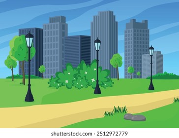 City park with street lamps and skyscrapers. Park for walks and recreation. Vector illustration.