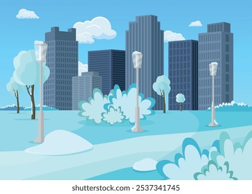 Parque de la ciudad con farolas, árboles y arbustos cubiertos de nieve. Concepto de paisaje de ciudad de invierno.