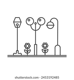 City park with street lights, urban public place line icon vector illustration