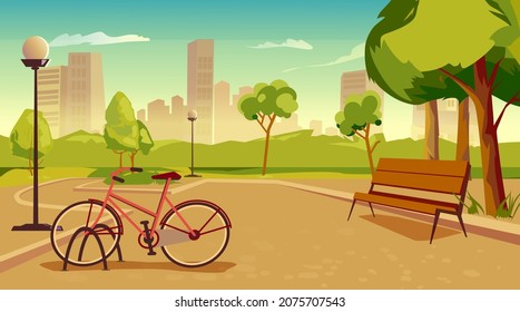 El concepto de parque urbano con farolas. Zona ajardinada pública con árboles verdes, farolillos, sendero para caminar o montar en bicicleta, banco, rascacielos con vistas. Fondo de ilustración vectorial en diseño de dibujos animados planos