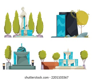 City Park Summer Compositions Set With Fountains And Topiary Cartoon Isolated Vector Illustration