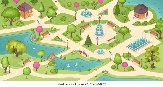 City park summer, isometric vector background with trees, lawns and fountains. Empty urban city park landscape, people sitting on bench, gazebo pavilions, flowerbeds and swans in pond with bridge