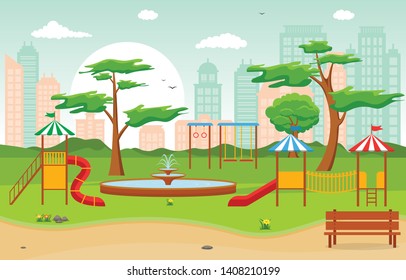 City Park in Summer with Kid Playground Playing Equipment Illustration