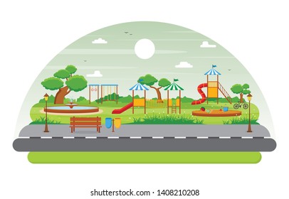 City Park in Summer with Kid Playground Playing Equipment Illustration