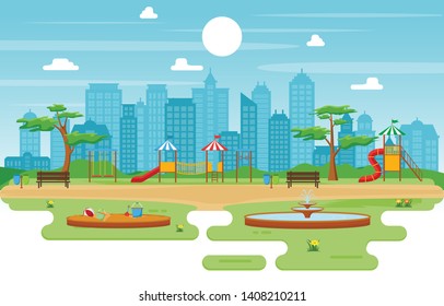 City Park in Summer with Kid Playground Playing Equipment Illustration