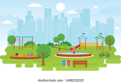 City Park in Summer with Kid Playground Playing Equipment Illustration