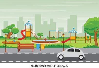 City Park in Summer with Kid Playground Playing Equipment Illustration