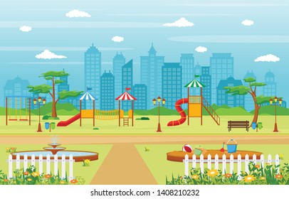 City Park in Summer with Kid Playground Playing Equipment Illustration