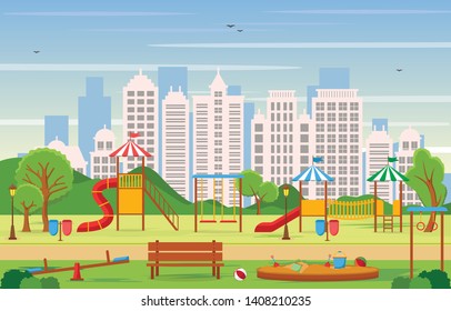 City Park in Summer with Kid Playground Playing Equipment Illustration