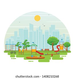 City Park in Summer with Kid Playground Playing Equipment Illustration