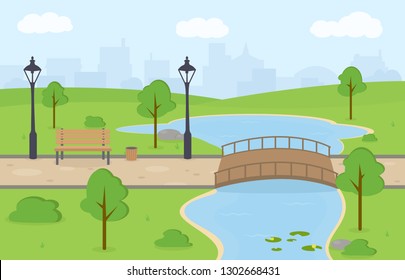 City Park. Summer landscape with green grass, trees, bench, lake, bridge, high-rise buildings on the background. Vector illustration