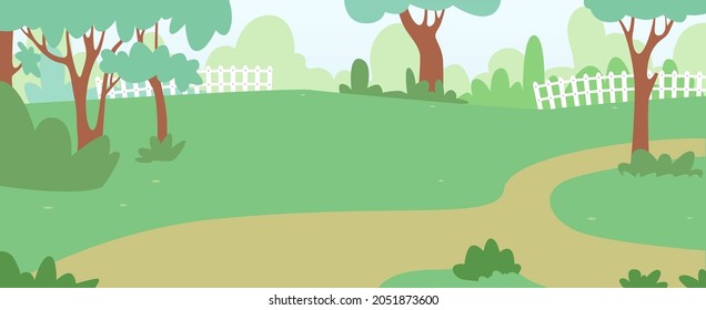 City Park Summer Scenery Landscape. Urban Garden with Pathway, Green Trees and Fence Perspective View Background, Empty Public Place With Grass, Peaceful Recreation Place. Cartoon Vector Illustration