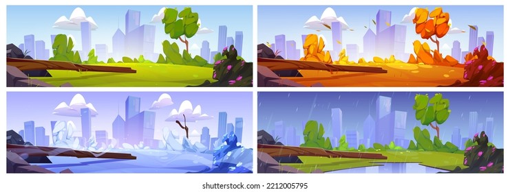 City park at summer, spring, autumn and winter season landscapes set. Scenery backgrounds of public recreational place with trees and lawn at sunny, rainy or cold days, Cartoon vector illustration