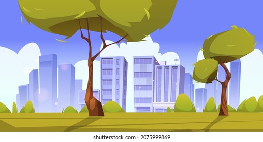 City park, summer or spring time scenery landscape, cityscape background, empty public place for walking and recreation with green trees and lawn. Urban garden panoramic Cartoon vector illustration