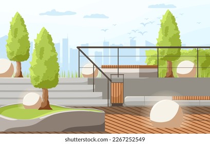 Parque urbano, paisaje de verano o primavera. Entorno urbano, lugar público vacío para caminar y recreación con árboles verdes, bancos. Jardín urbano con sendero. Ilustración de vector plano