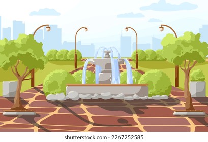 City park summer or spring time scenery landscape. Cityscape background, empty public place for walking, recreation with green trees and bushes, water fountain in center of square. Vector illustration