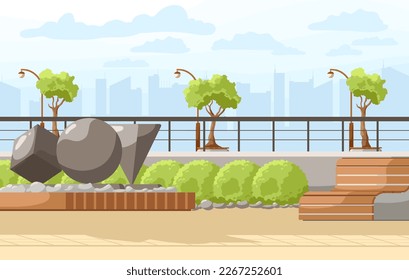 Stadtpark Sommer- oder Frühjahrslandschaft. Stadtbild Hintergrund, leerer öffentlicher Platz zum Wandern und Erholen mit grünen Bäumen, Holzbank, urbane Steinskulpturen. Flaches Vektorgrafik