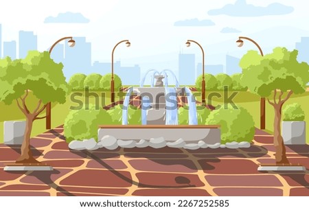 City park summer or spring time scenery landscape. Cityscape background, empty public place for walking, recreation with green trees and bushes, water fountain in center of square. Vector illustration