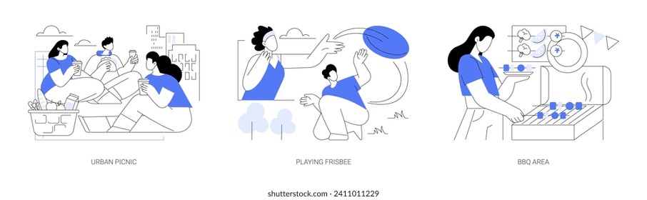 City park summer weekend isolated cartoon vector illustrations set. Urban picnic in the city park, playing frisbee with friends, BBQ area, outdoors activity, recreation day vector cartoon.