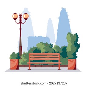 City park summertime flat background element with bench lantern decorative planters bushes shrubs green plants vector illustration