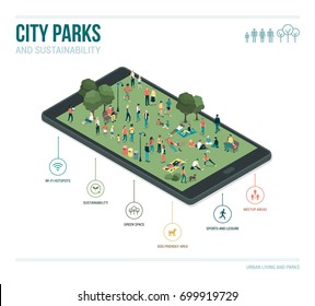 City Park, Sustainability And Technology Infographic: People Relaxing Together And Gathering In The Park On A Digital Touch Screen Tablet