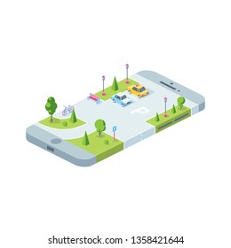 City park taxi device app 3d vector icon isometric pink and blue color minimalism illustrate