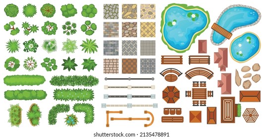 City park top view landscape elements, trees, pathways, benches. Bushes, fences, paths, ponds for garden landscaping design vector set. Wooden furniture, green plants for decoration