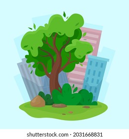 City park tree concept with skyscrapers background. Flat style illustration.