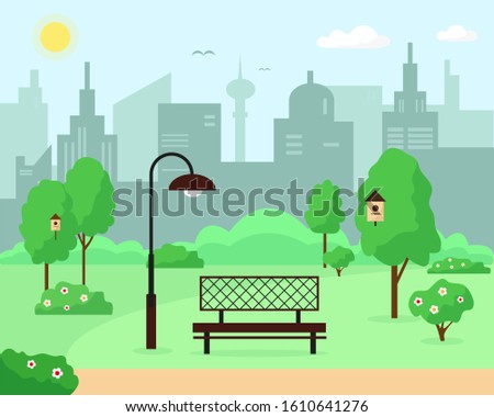 City park with trees, bench and lantern. Spring or summer landscape background vector illustration.