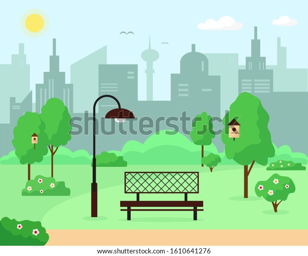 City Park Trees Bench Lantern Spring Stock Vector Royalty Free