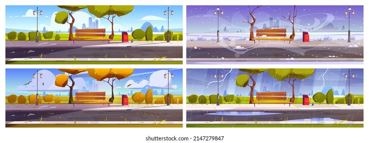 City park with trees, bench, and street lights at different seasons. Vector cartoon illustrations of summer, winter, spring, and autumn landscape of empty public garden