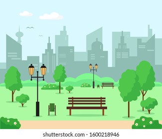 City park with trees, benches and flowers. Spring or summer landscape background vector illustration.