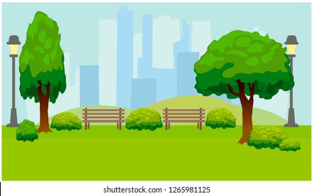 City Park with trees and benches. Green background. Vector