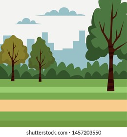 City park with trees bushes grass and path scenery cartoon ,vector illustration.